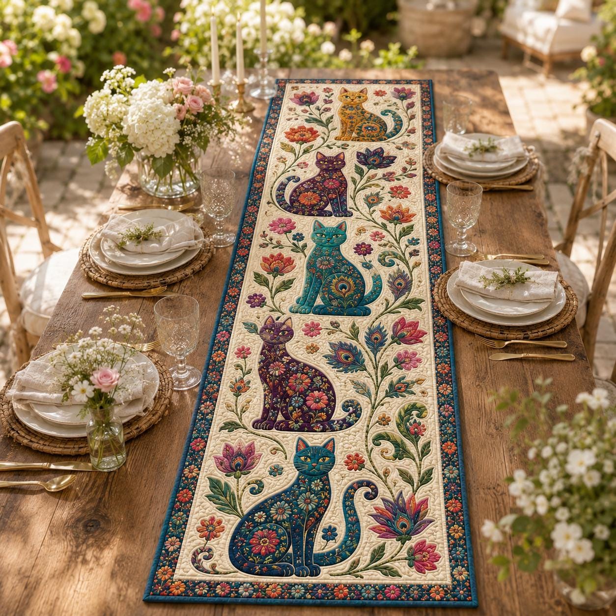 Whimsical Folk Art Cat Floral Table Runner with Colorful Kitchen Linen Decor