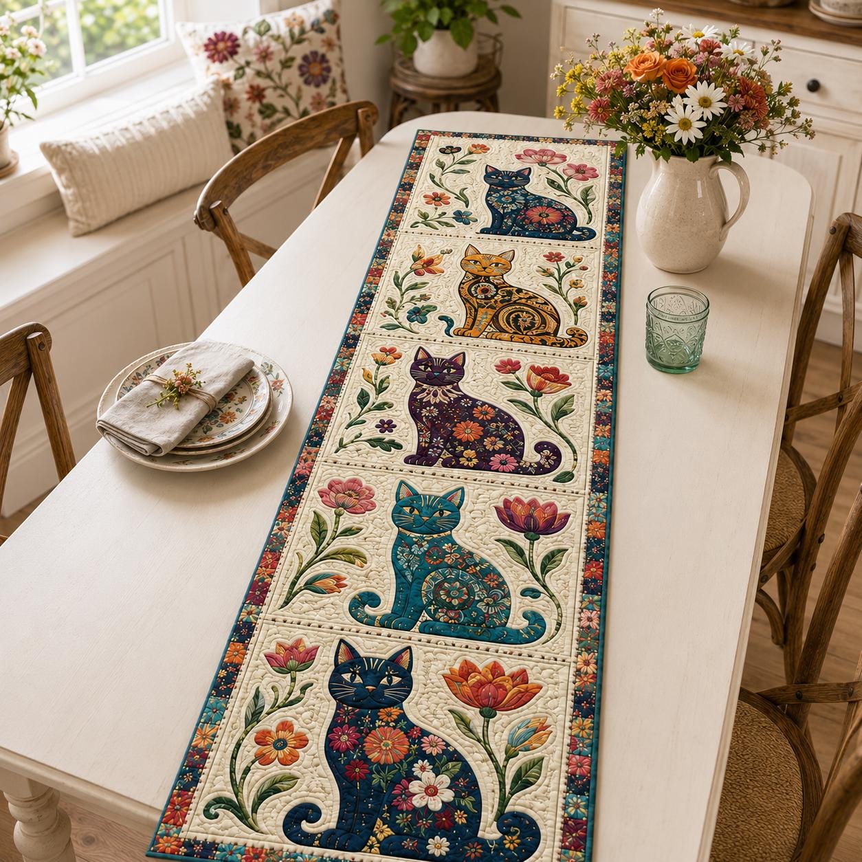 Whimsical Folk Art Cat Floral Table Runner with Colorful Kitchen Linen Decor - photo 2