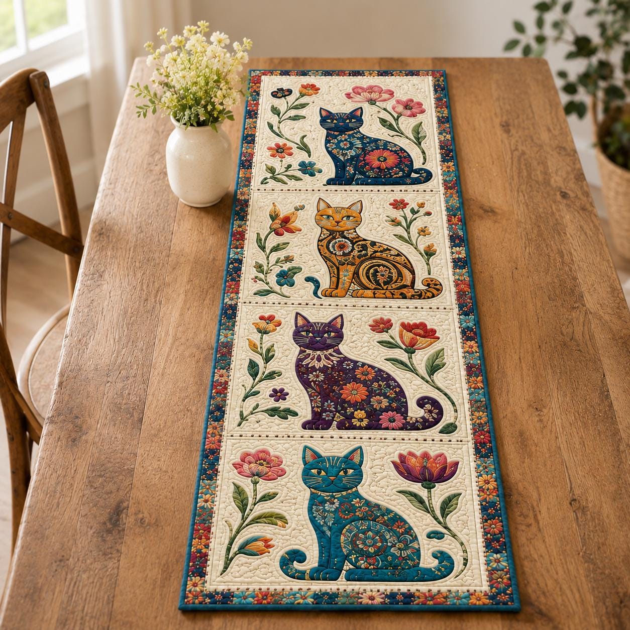 Whimsical Folk Art Cat Floral Table Runner with Colorful Kitchen Linen Decor - photo 3