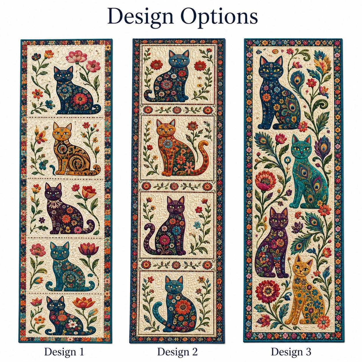 Whimsical Folk Art Cat Floral Table Runner with Colorful Kitchen Linen Decor - photo 4