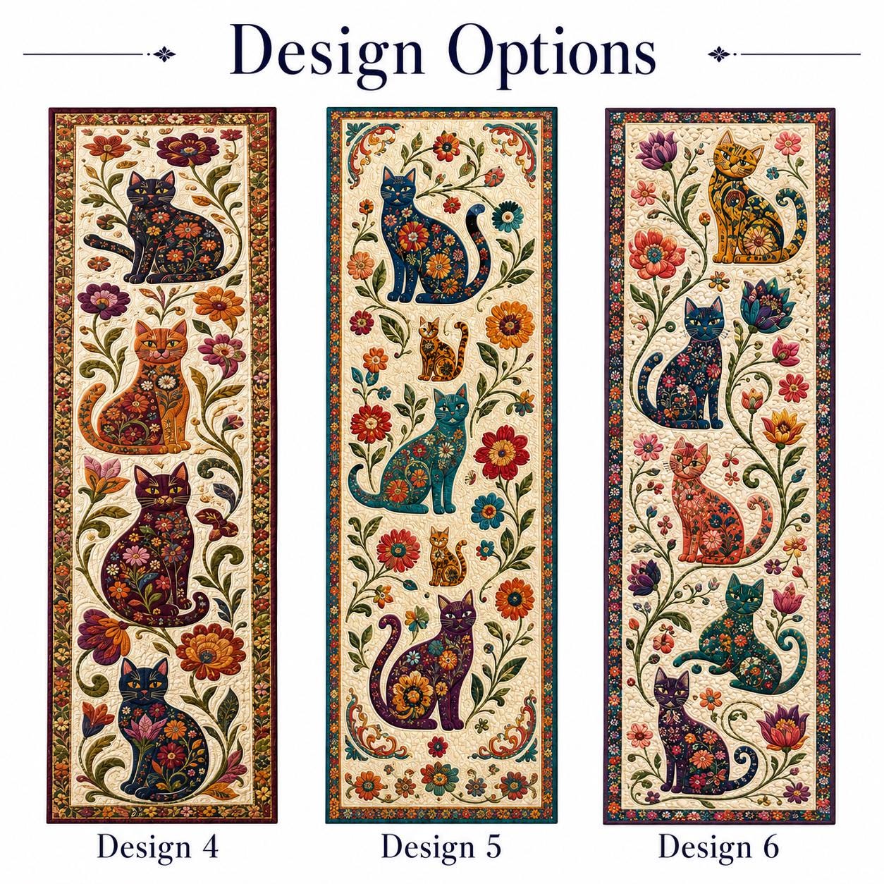 Whimsical Folk Art Cat Floral Table Runner with Colorful Kitchen Linen Decor - photo 5