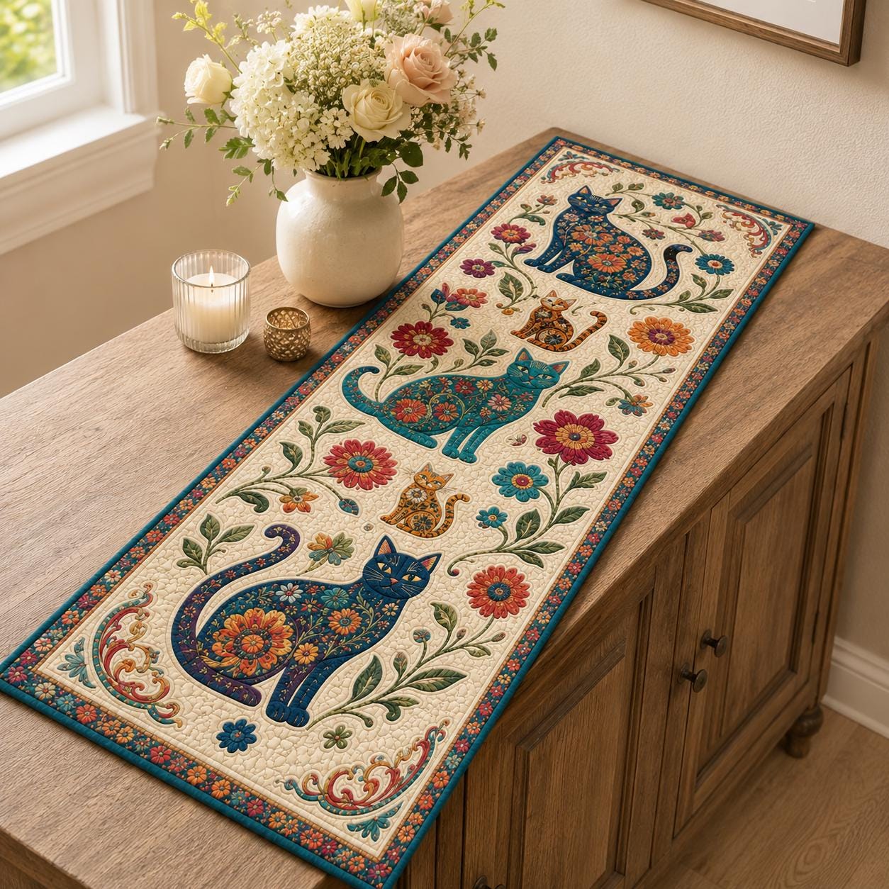 Whimsical Folk Art Cat Floral Table Runner with Colorful Kitchen Linen Decor - photo 6