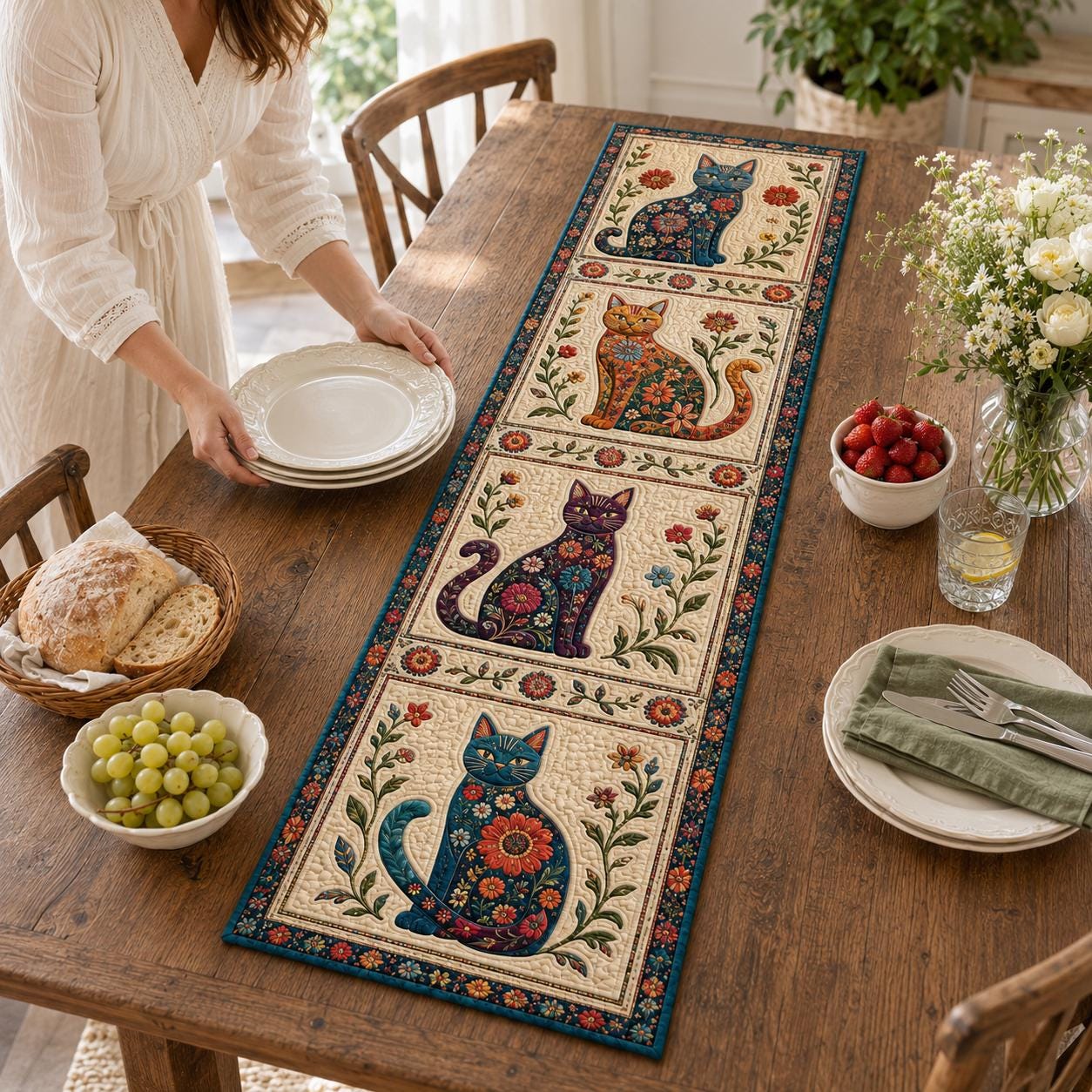 Whimsical Folk Art Cat Floral Table Runner with Colorful Kitchen Linen Decor - photo 7