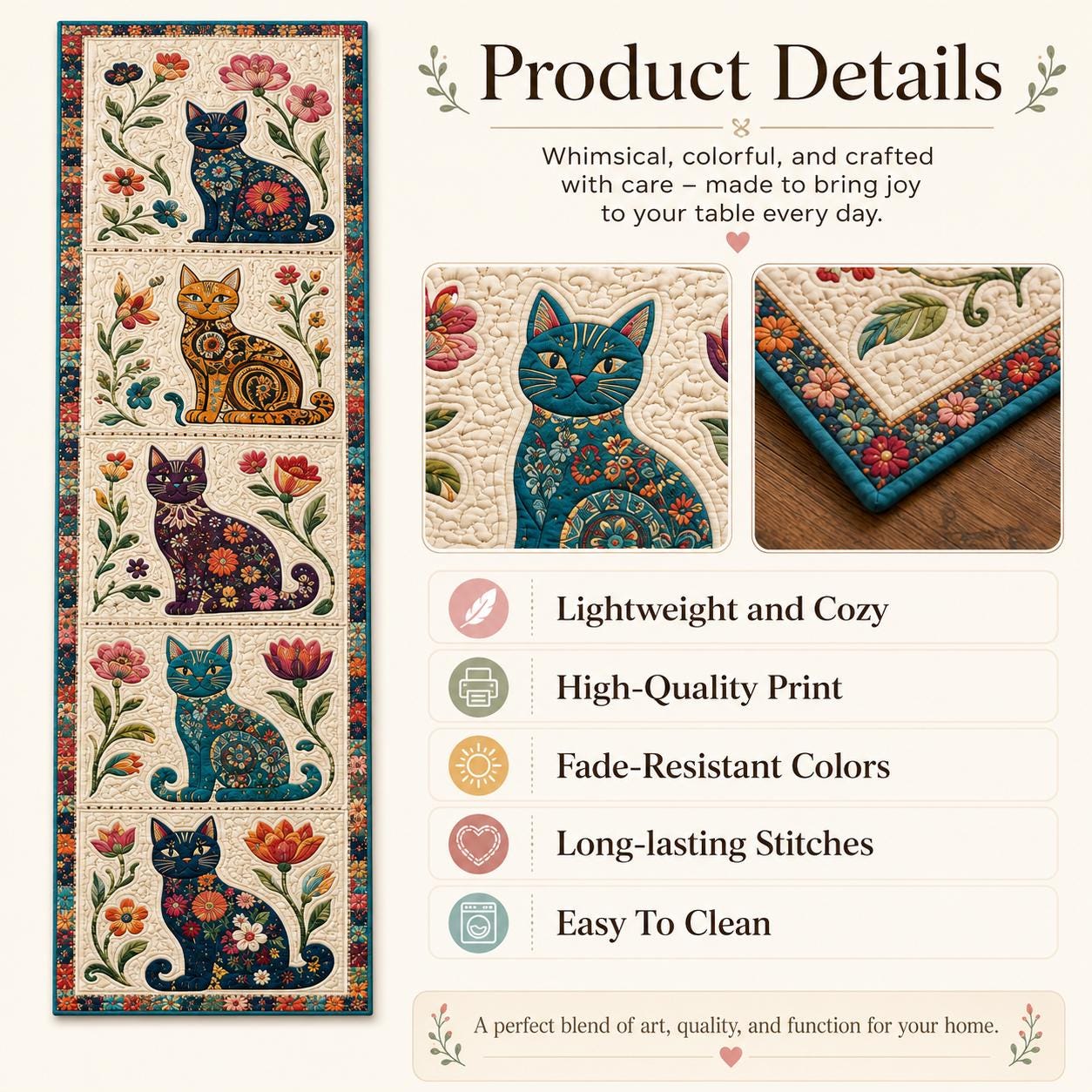 Whimsical Folk Art Cat Floral Table Runner with Colorful Kitchen Linen Decor - photo 8