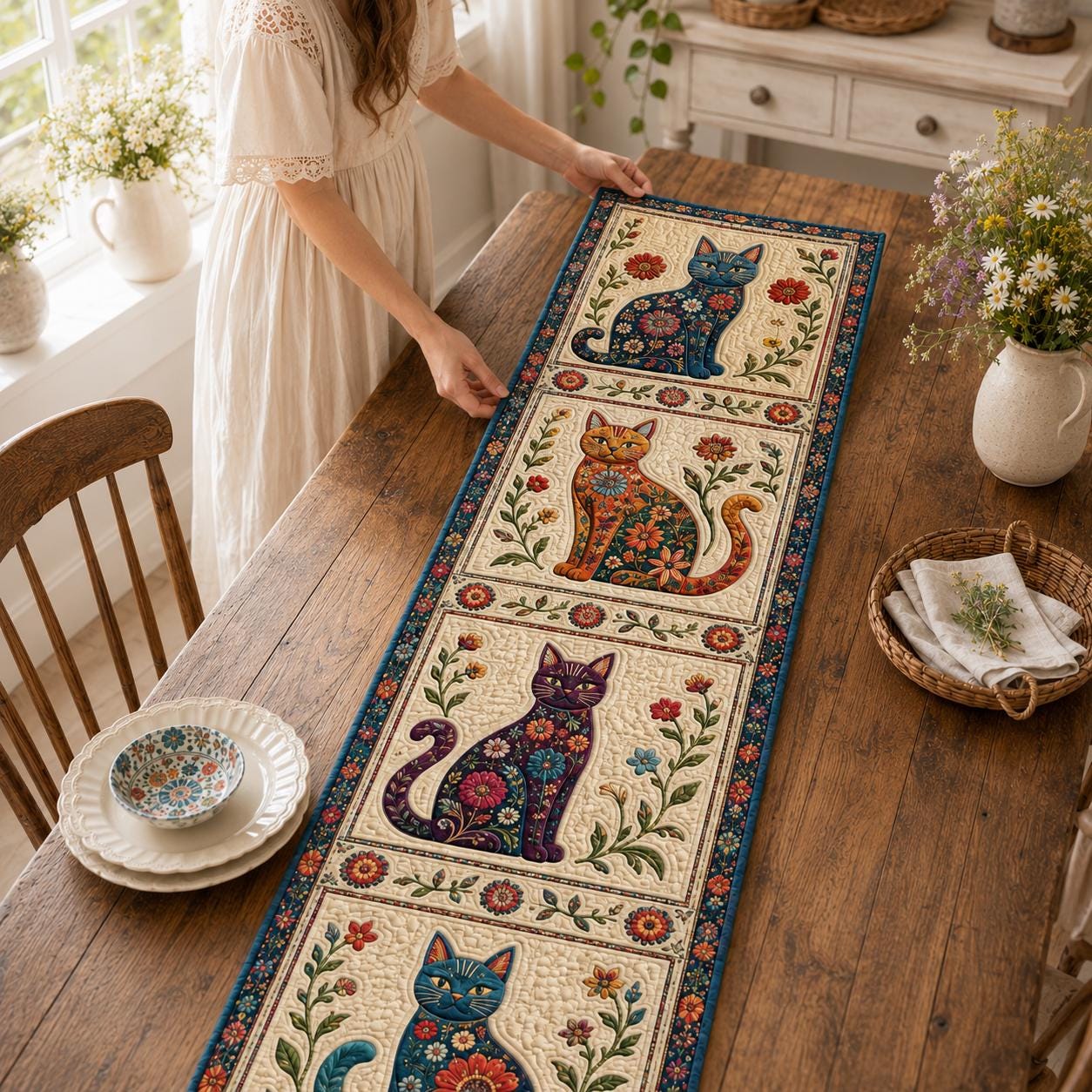 Whimsical Folk Art Cat Floral Table Runner with Colorful Kitchen Linen Decor - photo 9