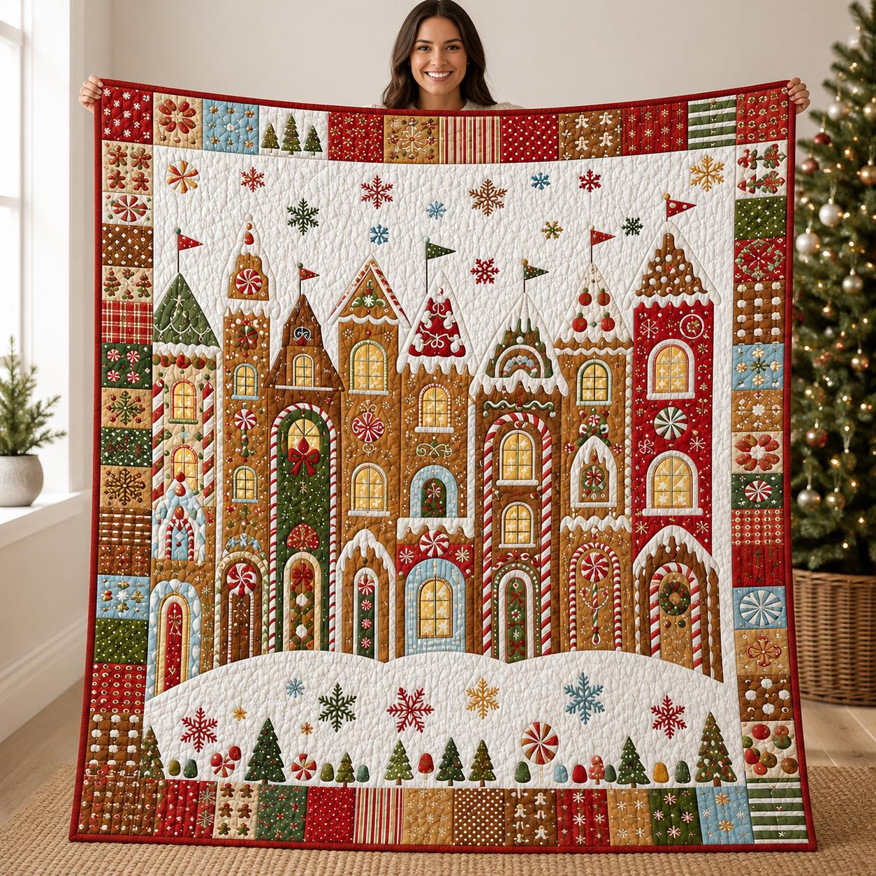 Christmas Gingerbread Village Quilt with Holiday Blanket, Festive Winter Bedding, Candy Cane House Throw, and Decor Gift