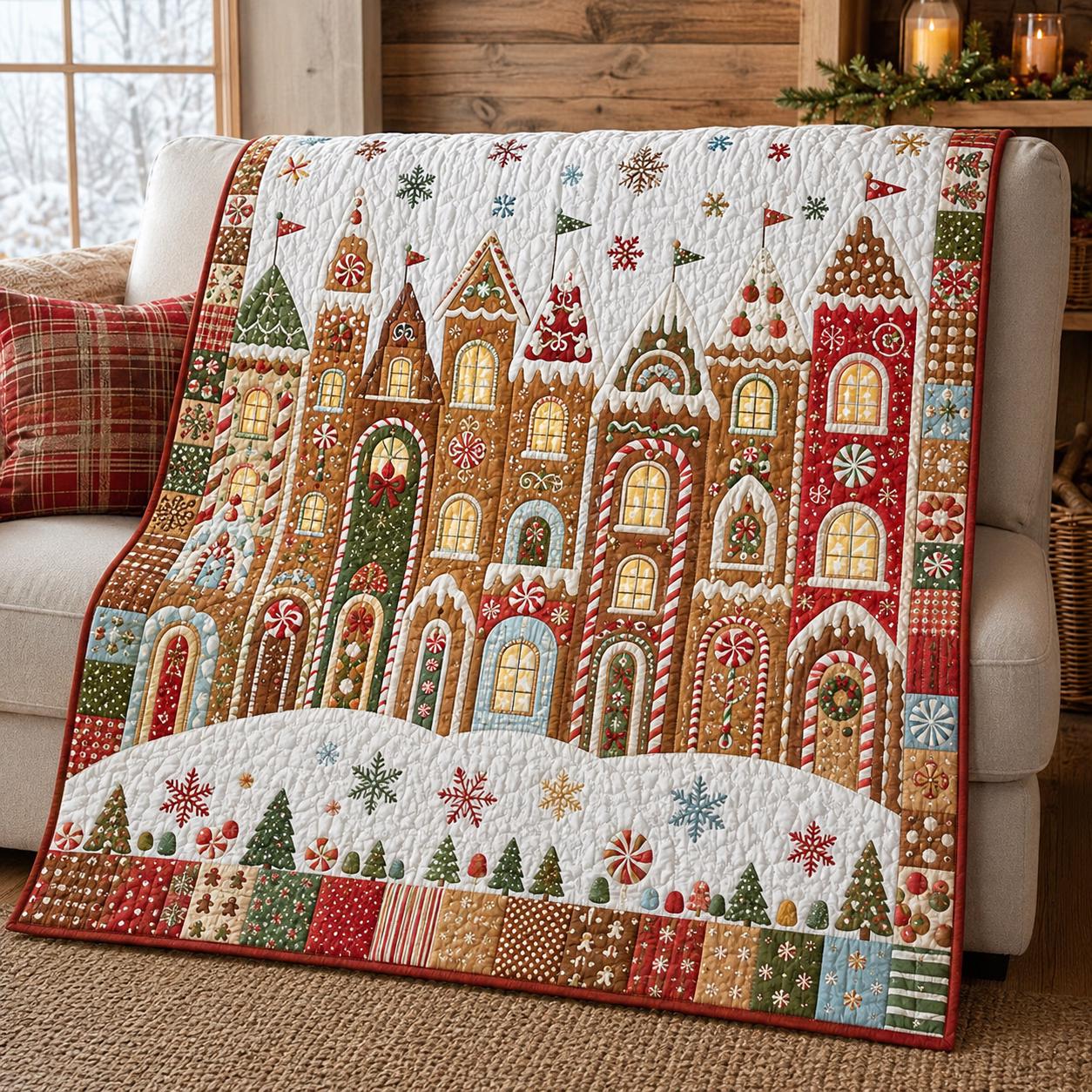 Christmas Gingerbread Village Quilt with Holiday Blanket, Festive Winter Bedding, Candy Cane House Throw, and Decor Gift - photo 2