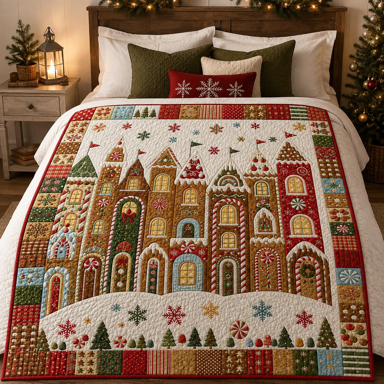 Christmas Gingerbread Village Quilt with Holiday Blanket, Festive Winter Bedding, Candy Cane House Throw, and Decor Gift - photo 3