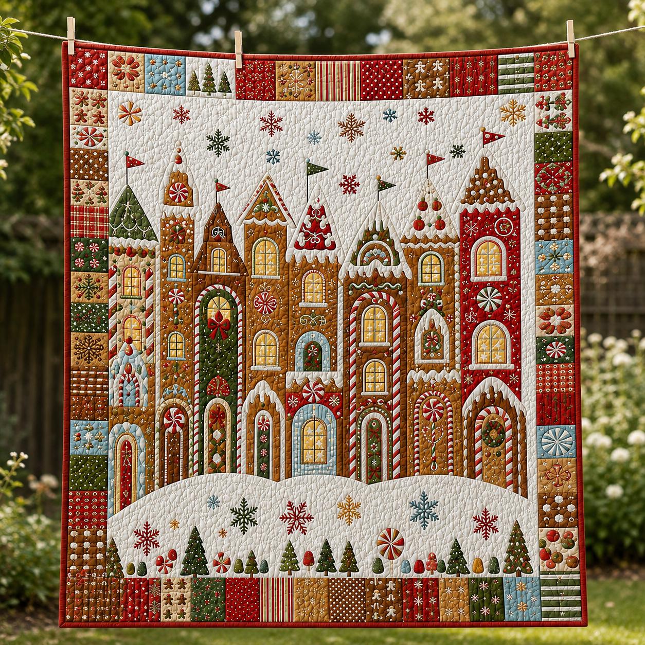 Christmas Gingerbread Village Quilt with Holiday Blanket, Festive Winter Bedding, Candy Cane House Throw, and Decor Gift - photo 5
