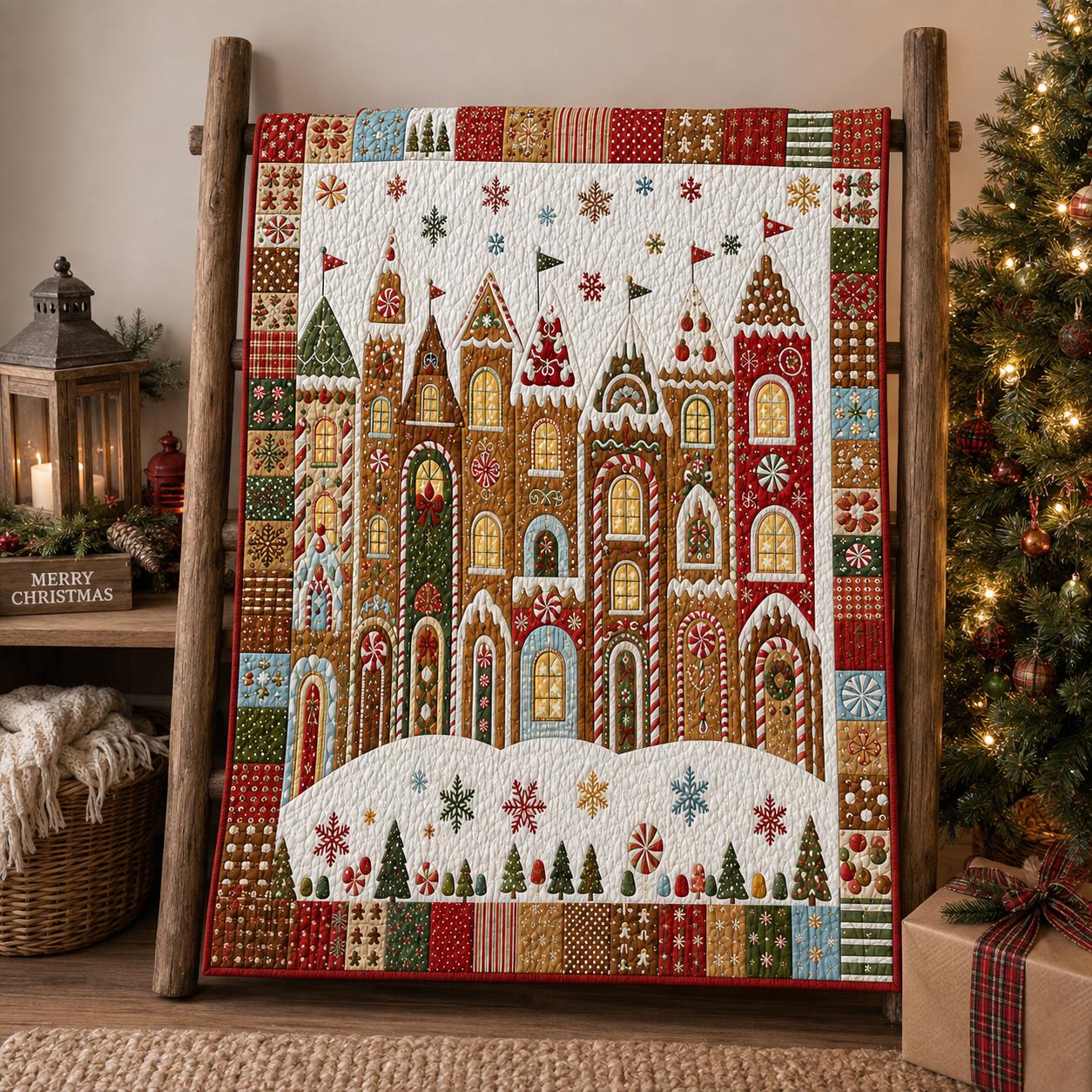 Christmas Gingerbread Village Quilt with Holiday Blanket, Festive Winter Bedding, Candy Cane House Throw, and Decor Gift - photo 6