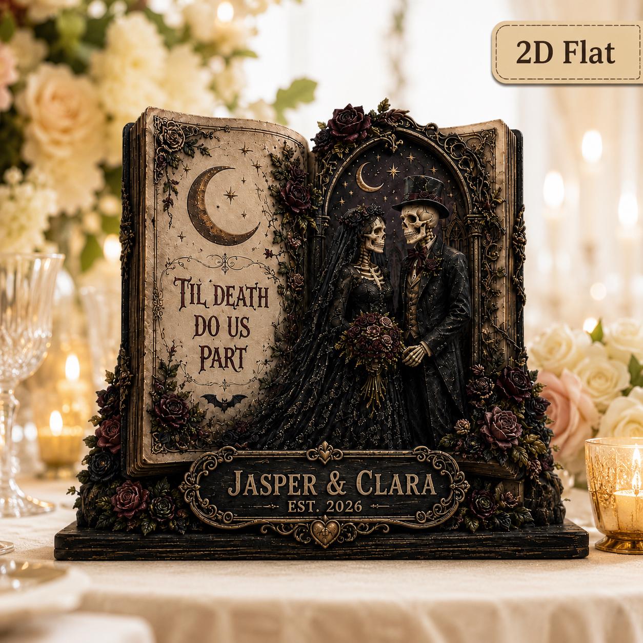 Personalized Skeleton Wedding Book Wooden Block with Custom Names for Gothic Couple Decor and Til Death Anniversary Keepsake