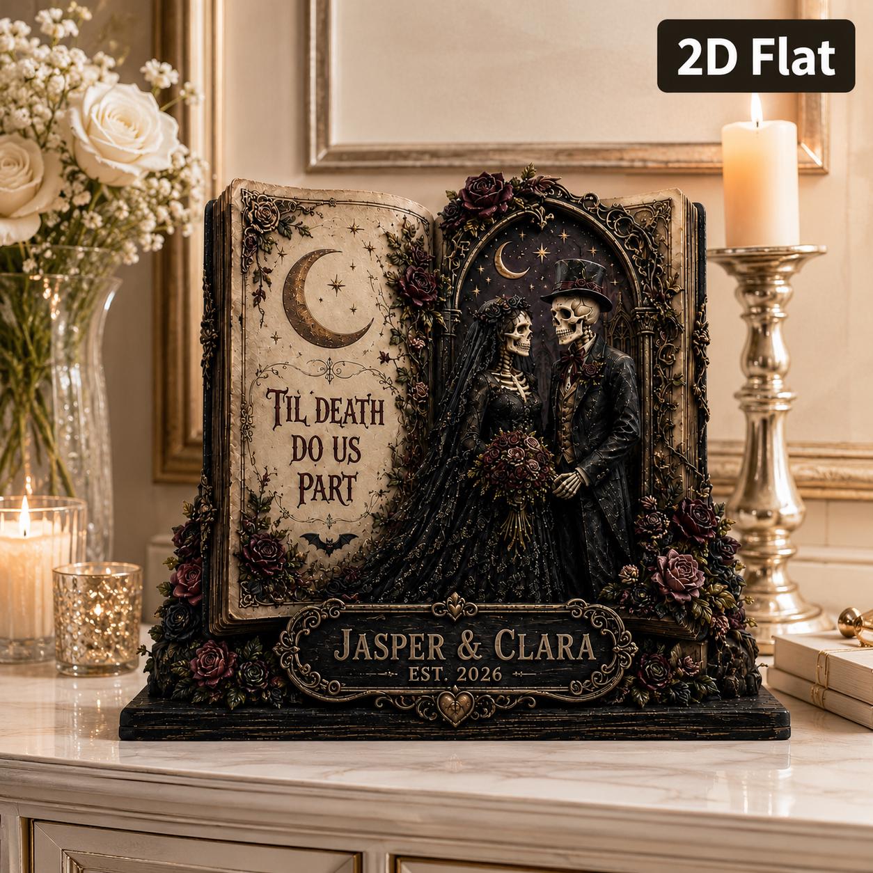 Personalized Skeleton Wedding Book Wooden Block with Custom Names for Gothic Couple Decor and Til Death Anniversary Keepsake - photo 2