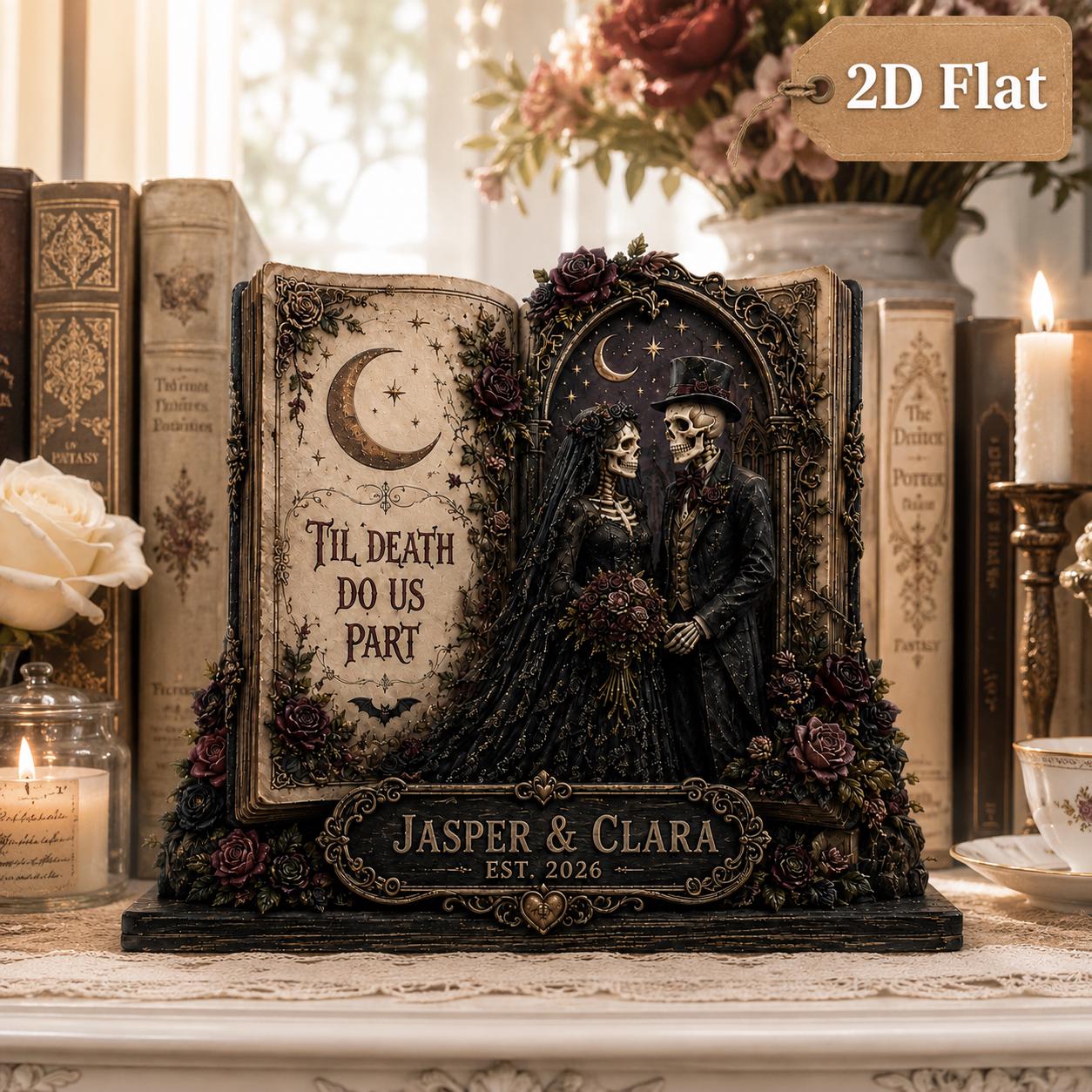 Personalized Skeleton Wedding Book Wooden Block with Custom Names for Gothic Couple Decor and Til Death Anniversary Keepsake - photo 3