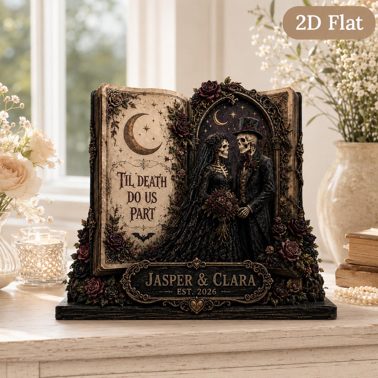Personalized Skeleton Wedding Book Wooden Block with Custom Names for Gothic Couple Decor and Til Death Anniversary Keepsake - photo 4