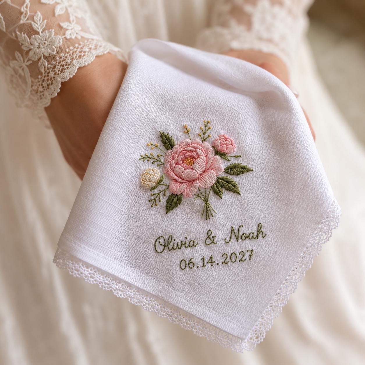 Handkerchief and Bridal Party Keepsake Gift with Embroidered Wedding Design, Personalized Couple Name Date Hankie, and Custom Floral