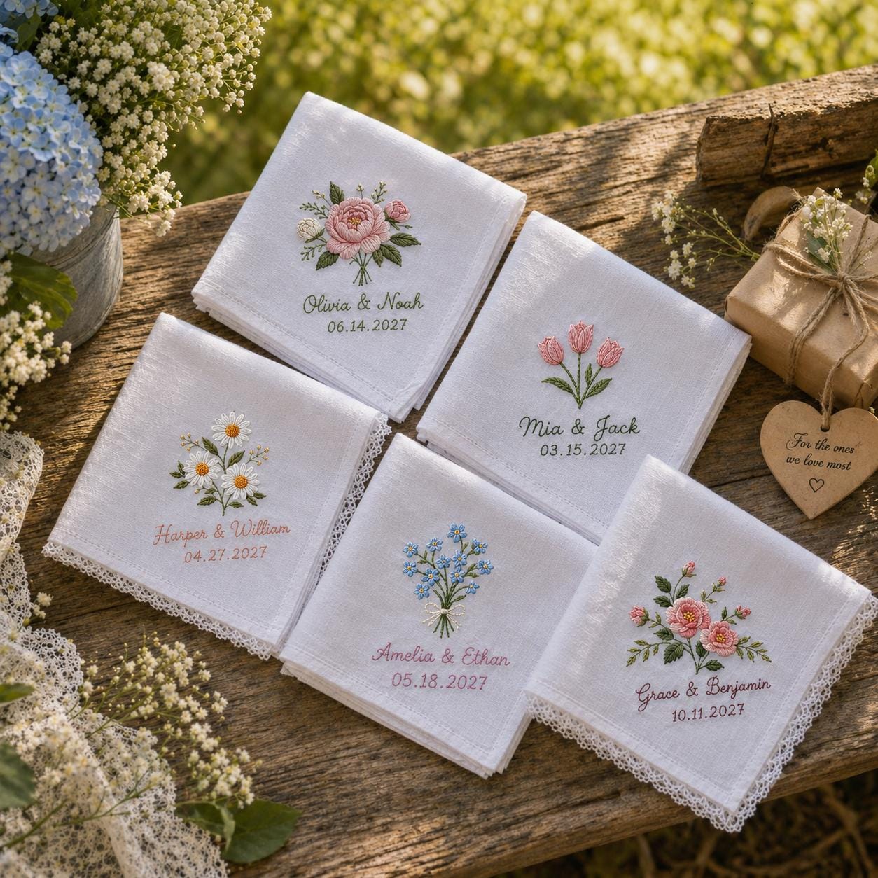Handkerchief and Bridal Party Keepsake Gift with Embroidered Wedding Design, Personalized Couple Name Date Hankie, and Custom Floral - photo 2