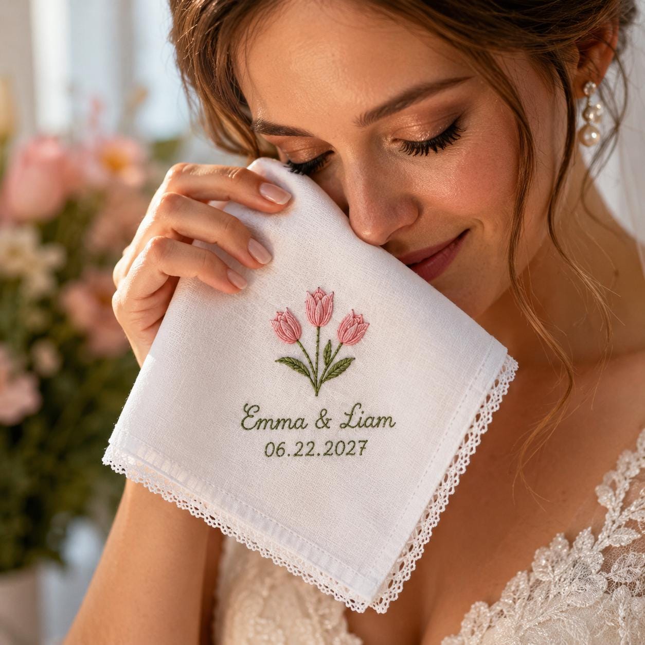 Handkerchief and Bridal Party Keepsake Gift with Embroidered Wedding Design, Personalized Couple Name Date Hankie, and Custom Floral - photo 3