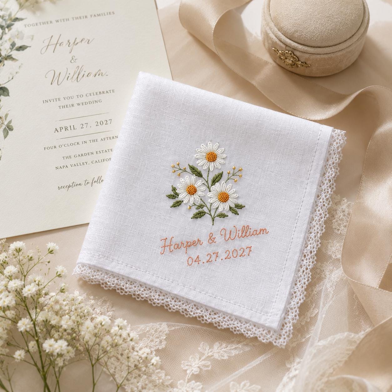 Handkerchief and Bridal Party Keepsake Gift with Embroidered Wedding Design, Personalized Couple Name Date Hankie, and Custom Floral - photo 4
