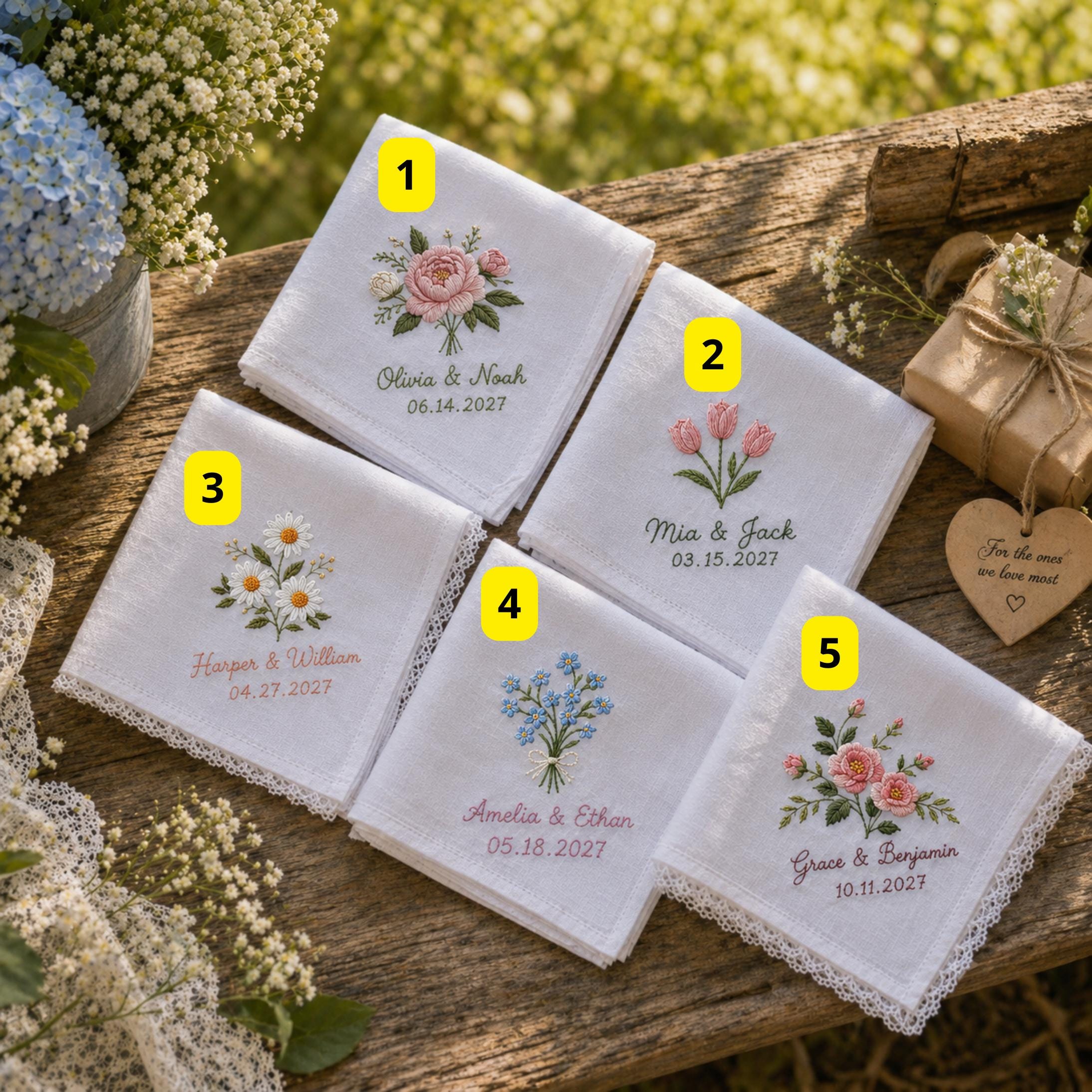 Handkerchief and Bridal Party Keepsake Gift with Embroidered Wedding Design, Personalized Couple Name Date Hankie, and Custom Floral - photo 5