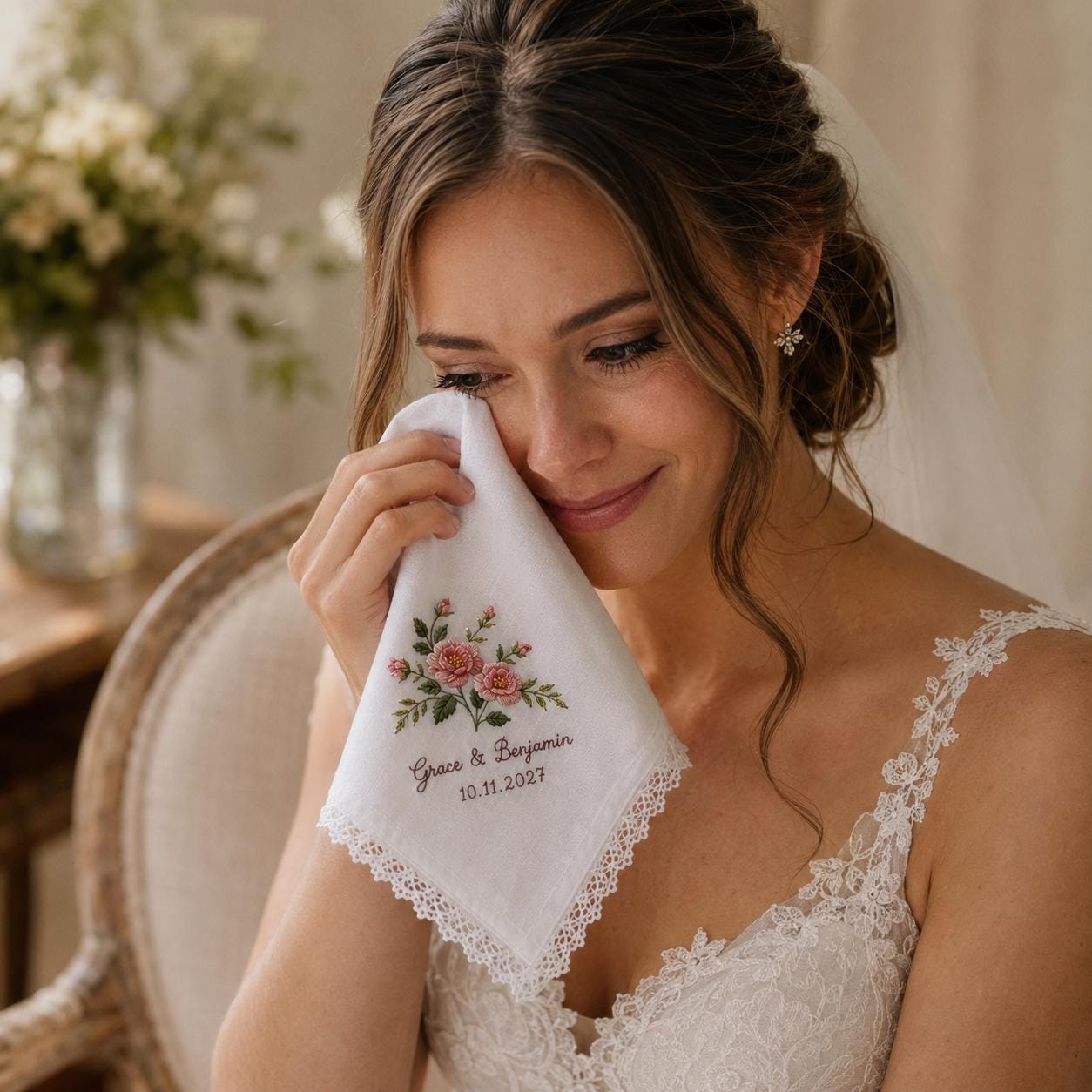 Handkerchief and Bridal Party Keepsake Gift with Embroidered Wedding Design, Personalized Couple Name Date Hankie, and Custom Floral - photo 9