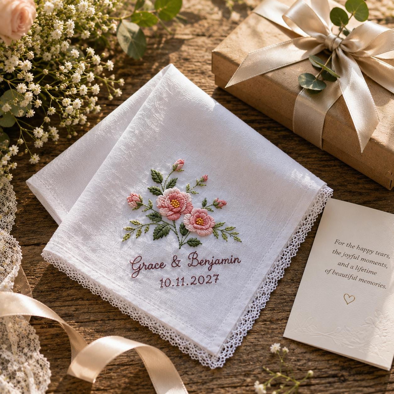 Handkerchief and Bridal Party Keepsake Gift with Embroidered Wedding Design, Personalized Couple Name Date Hankie, and Custom Floral - photo 10