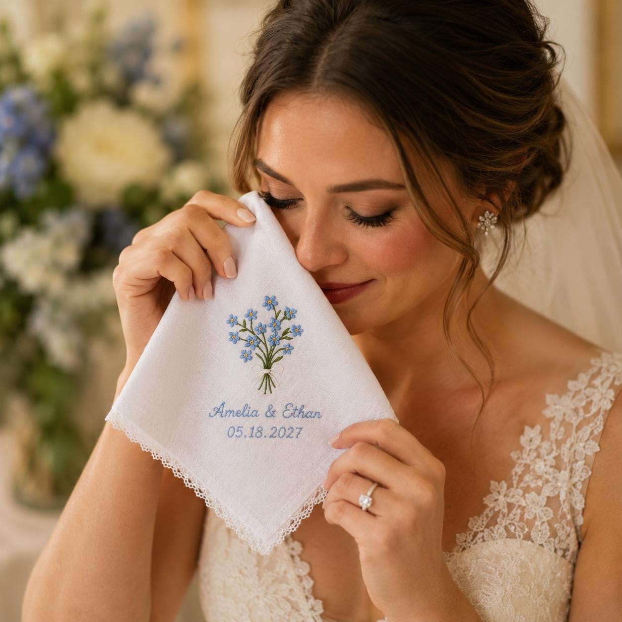 Handkerchief and Bridal Party Keepsake Gift with Embroidered Wedding Design, Personalized Couple Name Date Hankie, and Custom Floral - photo 11