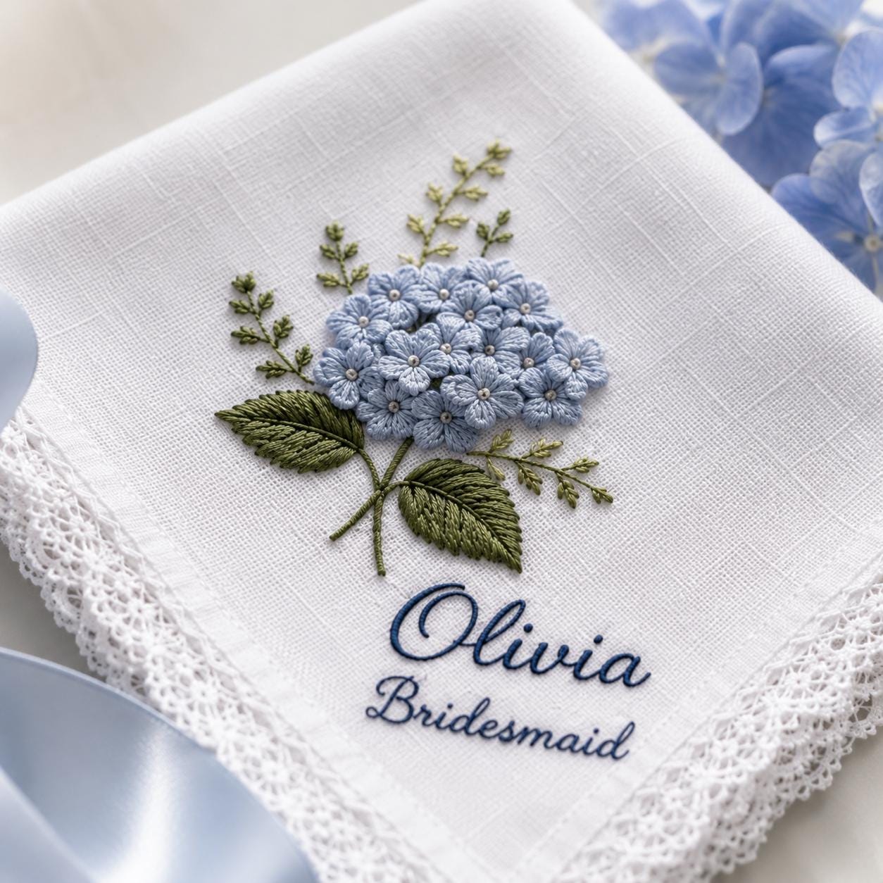 Handkerchief and Bridal Keepsake Gift with Embroidered Bridesmaid Design, Personalized Name Floral Lace Hankie, and Custom Wedding Party