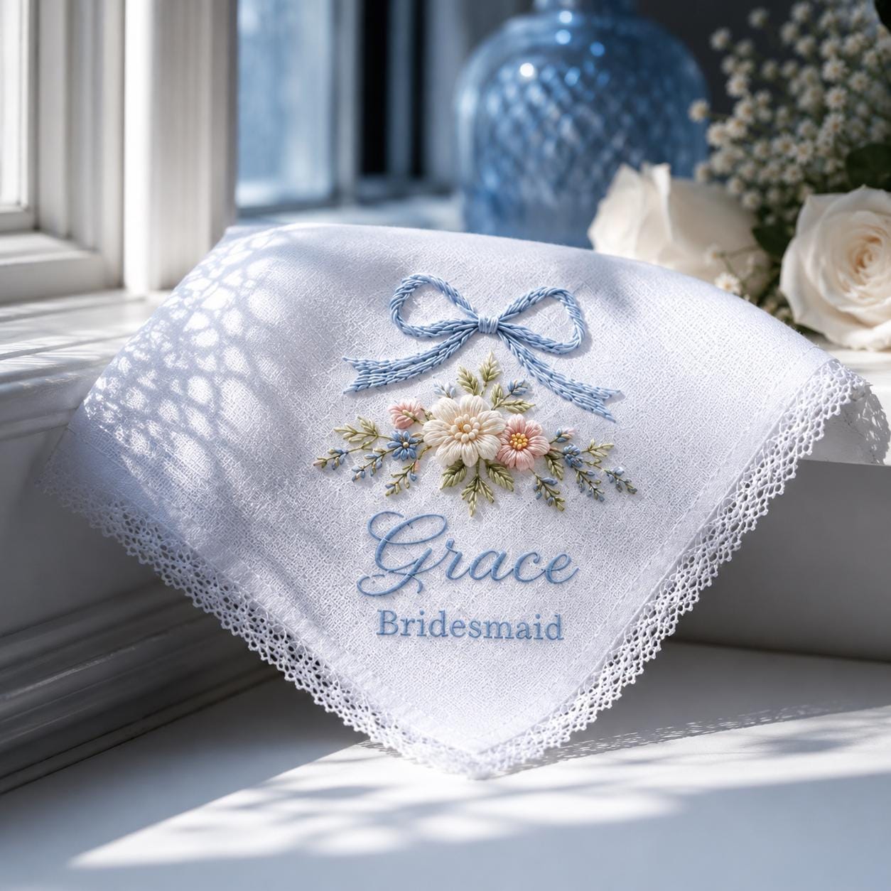 Handkerchief and Bridal Keepsake Gift with Embroidered Bridesmaid Design, Personalized Name Floral Lace Hankie, and Custom Wedding Party - photo 2