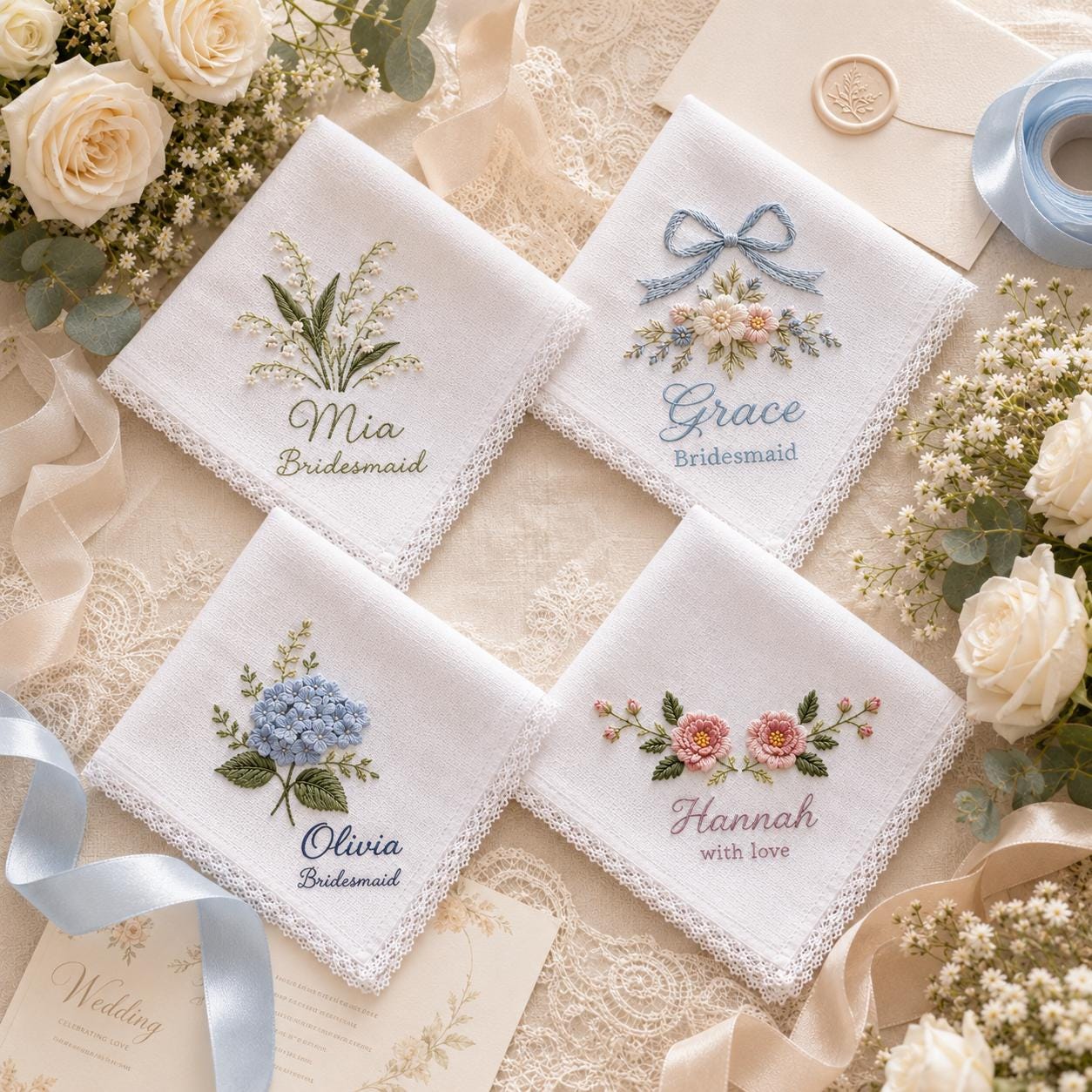 Handkerchief and Bridal Keepsake Gift with Embroidered Bridesmaid Design, Personalized Name Floral Lace Hankie, and Custom Wedding Party - photo 3