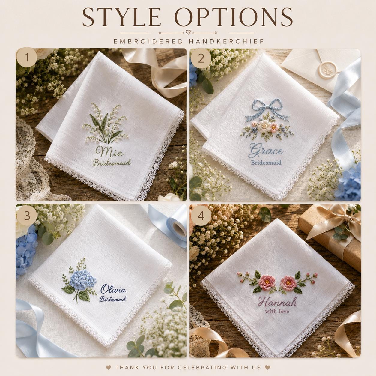 Handkerchief and Bridal Keepsake Gift with Embroidered Bridesmaid Design, Personalized Name Floral Lace Hankie, and Custom Wedding Party - photo 6