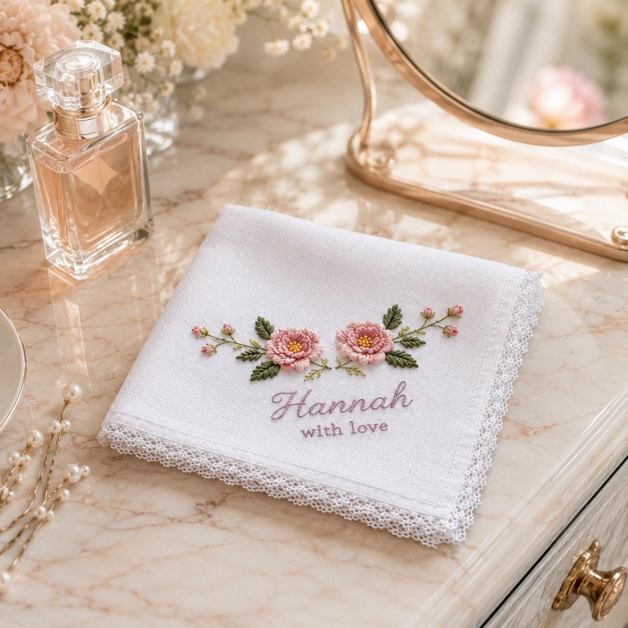 Handkerchief and Bridal Keepsake Gift with Embroidered Bridesmaid Design, Personalized Name Floral Lace Hankie, and Custom Wedding Party - photo 7