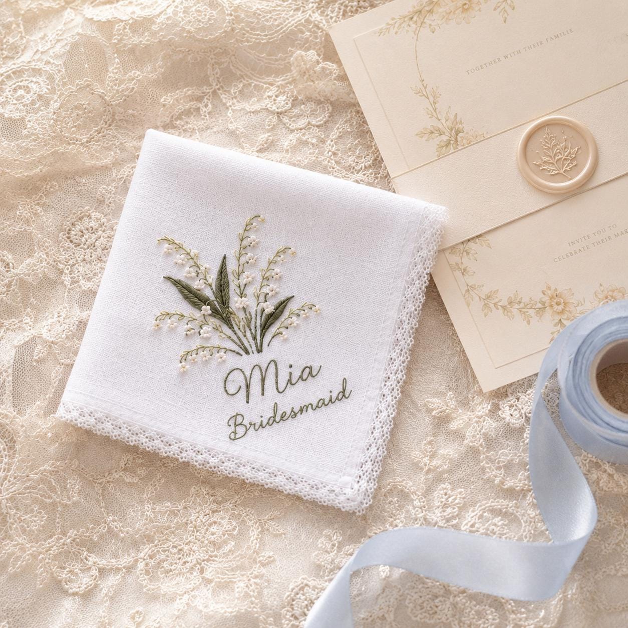 Handkerchief and Bridal Keepsake Gift with Embroidered Bridesmaid Design, Personalized Name Floral Lace Hankie, and Custom Wedding Party - photo 9