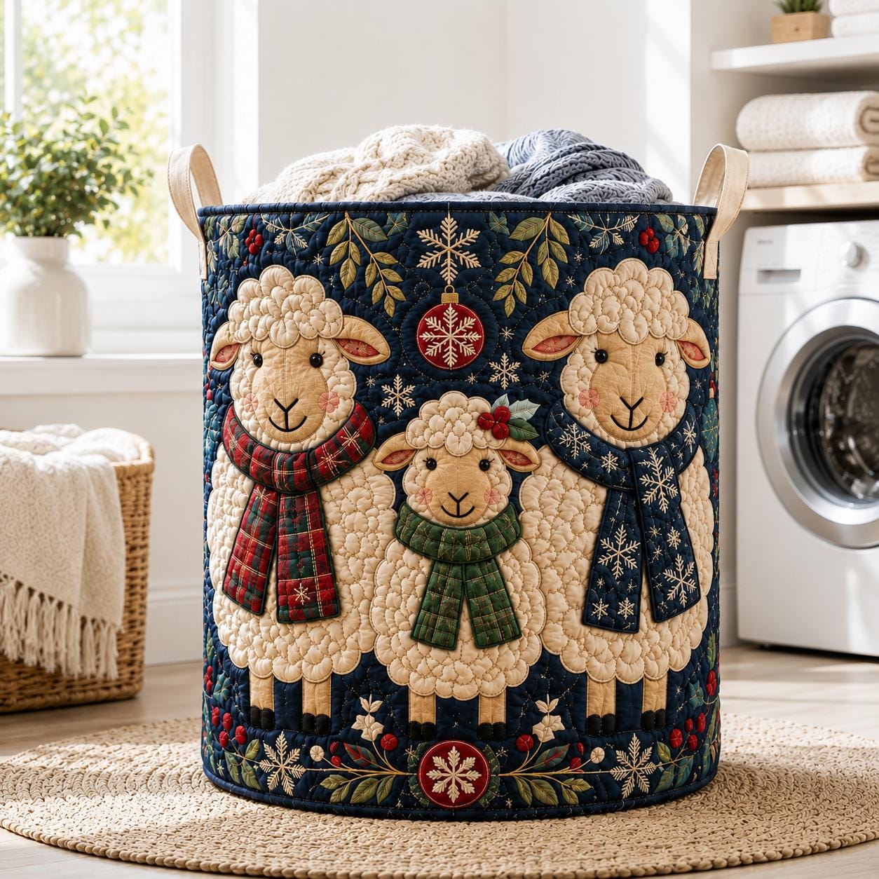 Sheep Quilted Laundry Basket with Cute Lamb Winter Hamper and Farmhouse Christmas Bin Cozy Fabric Storage Kids Nursery Decor Gift