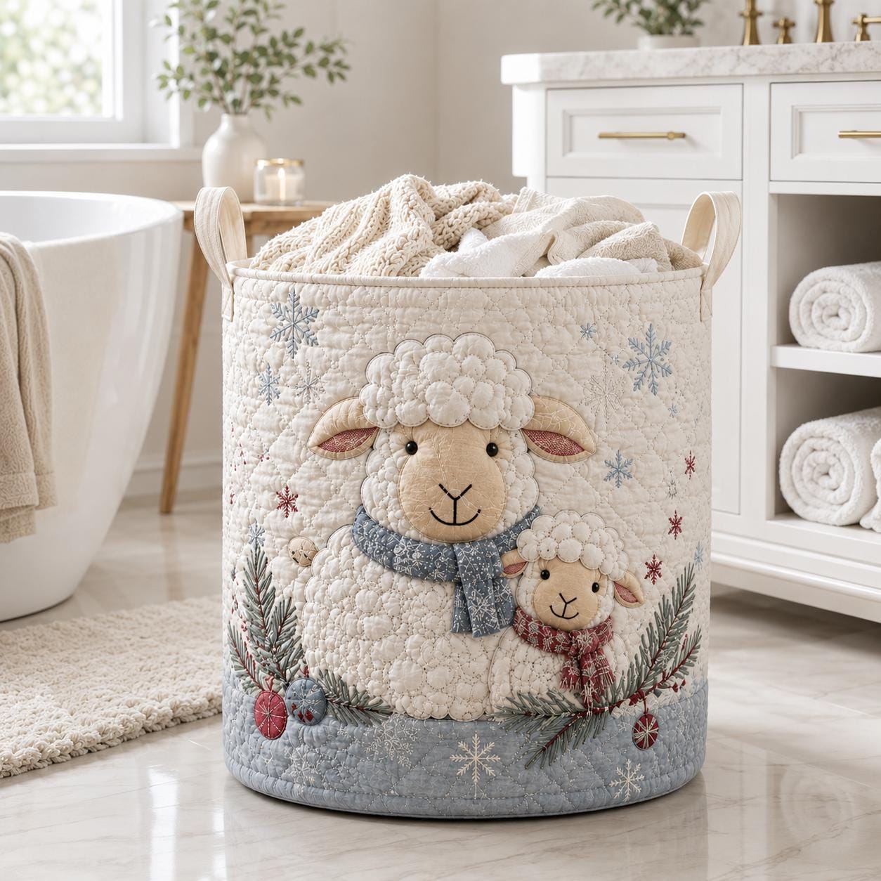 Sheep Quilted Laundry Basket with Cute Lamb Winter Hamper and Farmhouse Christmas Bin Cozy Fabric Storage Kids Nursery Decor Gift - photo 2