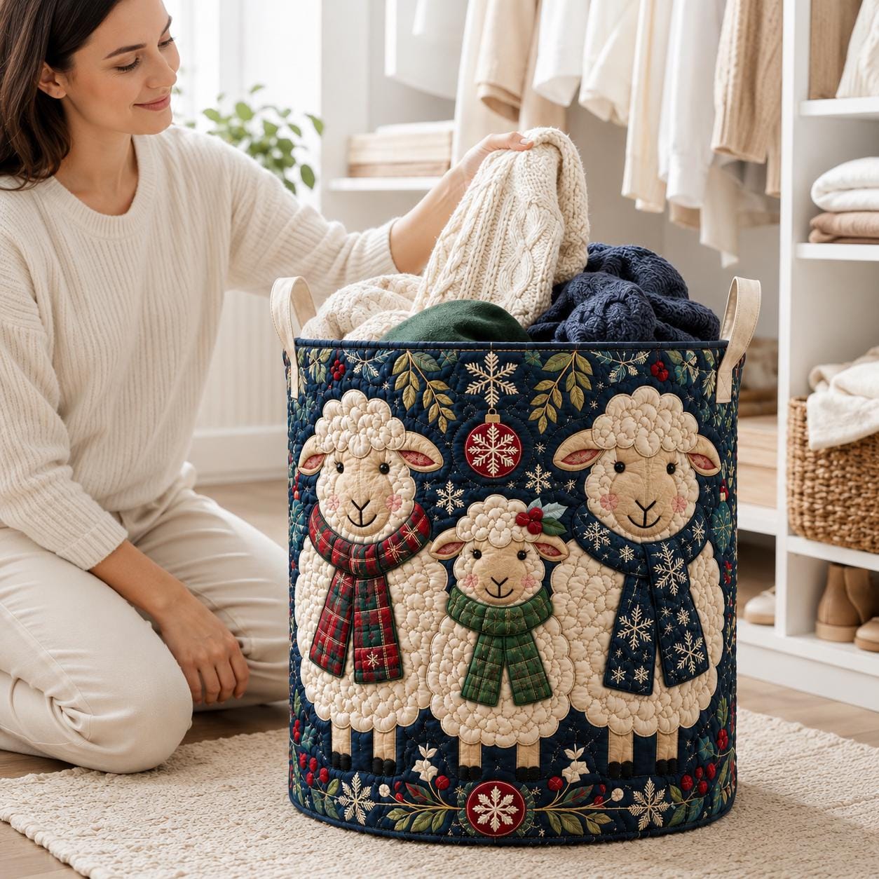 Sheep Quilted Laundry Basket with Cute Lamb Winter Hamper and Farmhouse Christmas Bin Cozy Fabric Storage Kids Nursery Decor Gift - photo 3