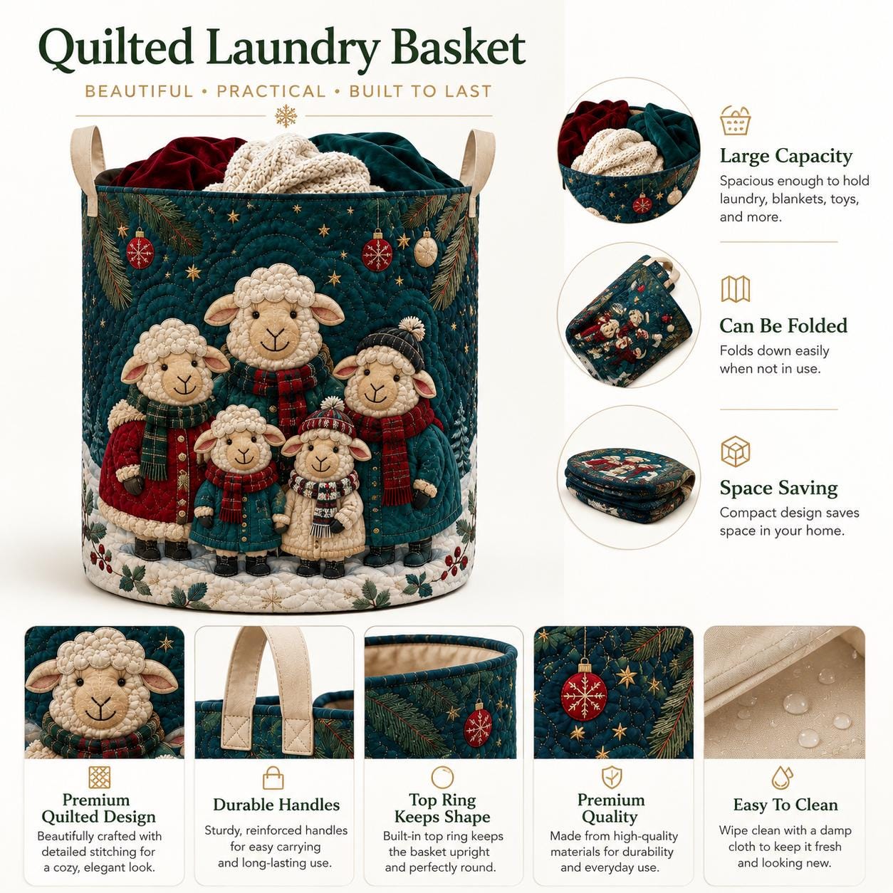Sheep Quilted Laundry Basket with Cute Lamb Winter Hamper and Farmhouse Christmas Bin Cozy Fabric Storage Kids Nursery Decor Gift - photo 5