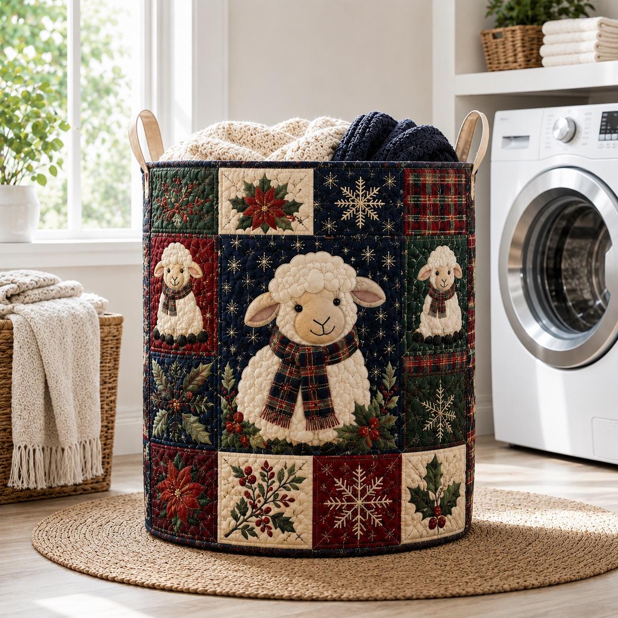 Sheep Quilted Laundry Basket with Cute Lamb Winter Hamper and Farmhouse Christmas Bin Cozy Fabric Storage Kids Nursery Decor Gift - photo 7