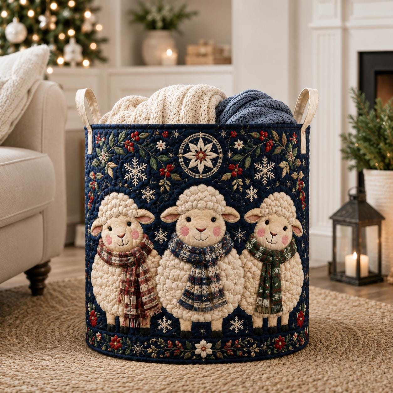 Sheep Quilted Laundry Basket with Cute Lamb Winter Hamper and Farmhouse Christmas Bin Cozy Fabric Storage Kids Nursery Decor Gift - photo 8
