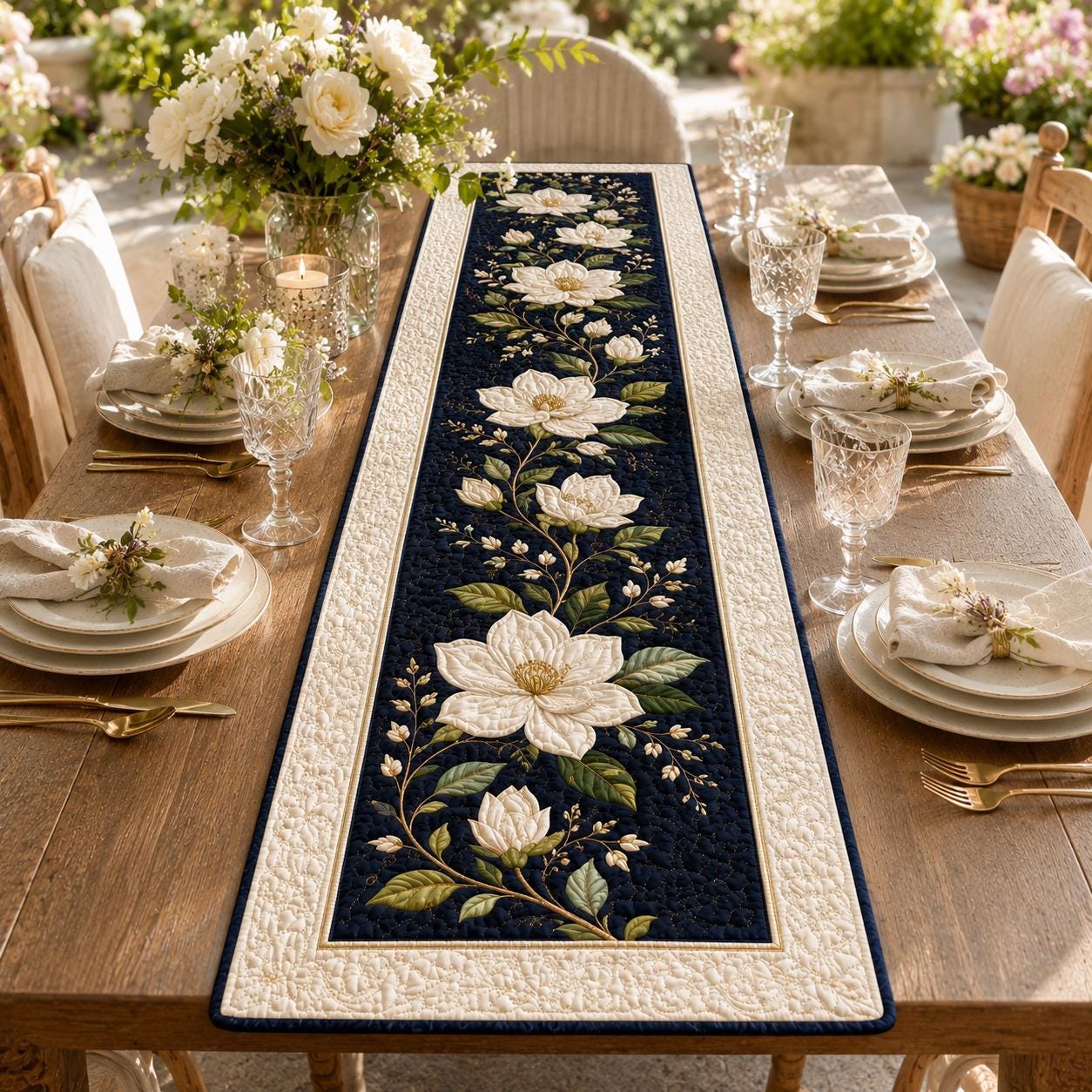 Table Runner for Dining Decor with Quilted Styleed White Magnolia and Navy Blue Botanical Design