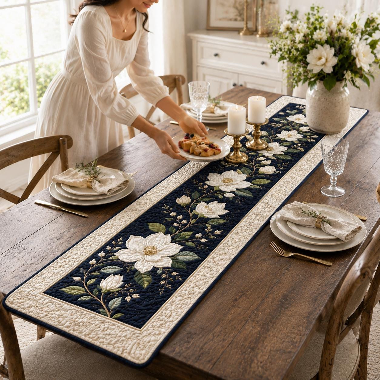 Table Runner for Dining Decor with Quilted Styleed White Magnolia and Navy Blue Botanical Design - photo 2