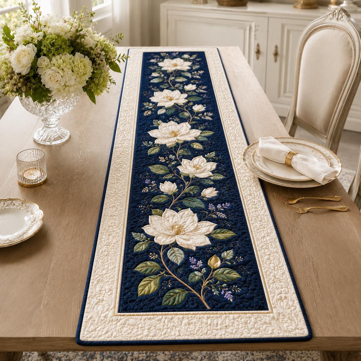 Table Runner for Dining Decor with Quilted Styleed White Magnolia and Navy Blue Botanical Design - photo 3