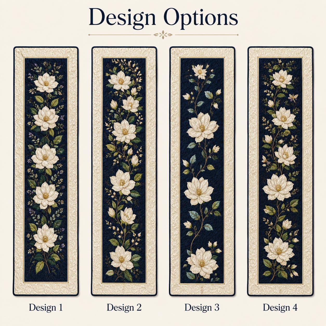 Table Runner for Dining Decor with Quilted Styleed White Magnolia and Navy Blue Botanical Design - photo 4