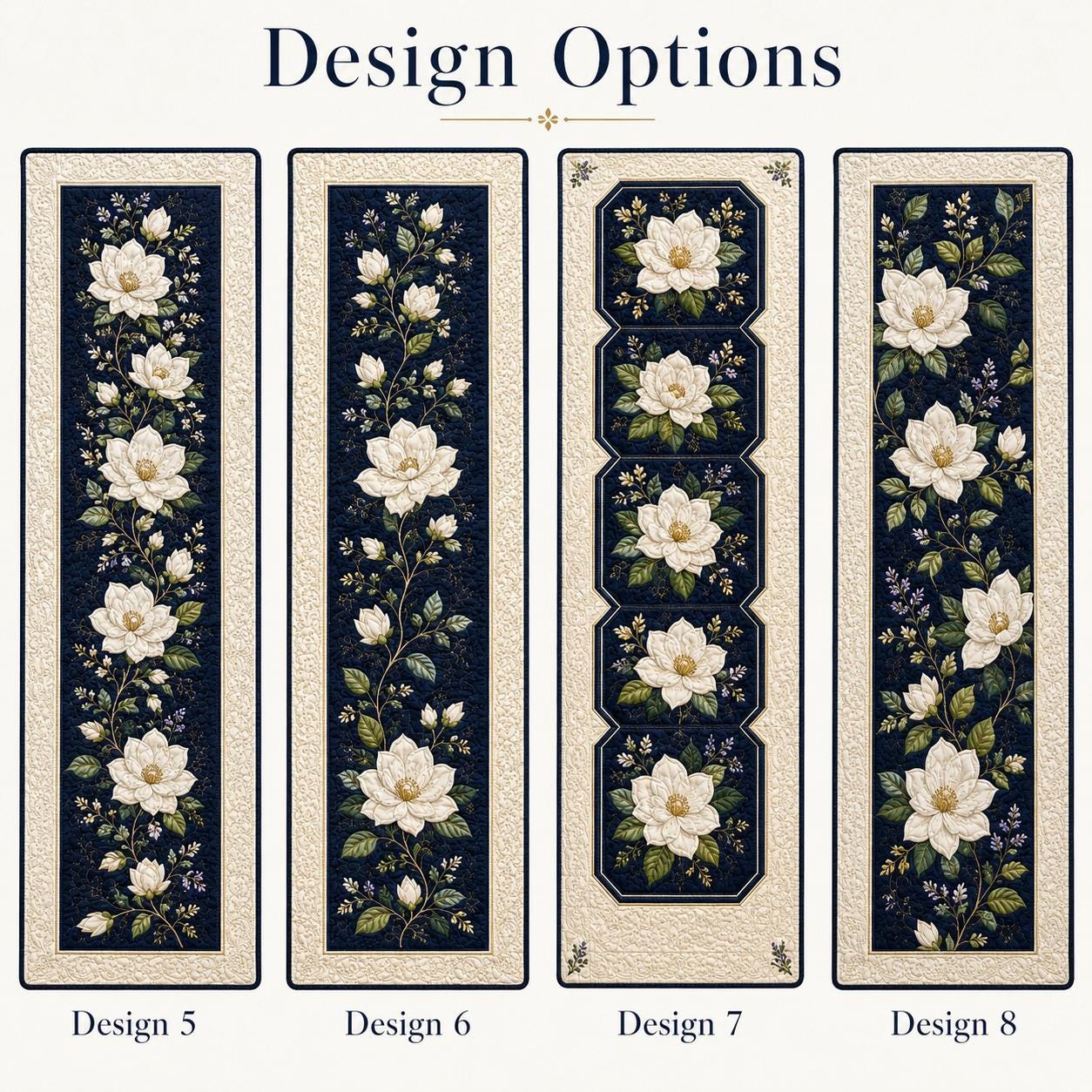 Table Runner for Dining Decor with Quilted Styleed White Magnolia and Navy Blue Botanical Design - photo 5