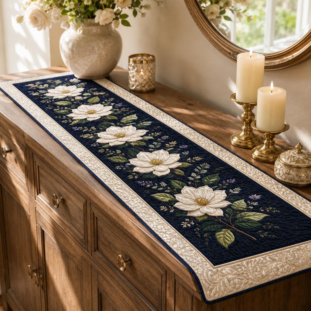 Table Runner for Dining Decor with Quilted Styleed White Magnolia and Navy Blue Botanical Design - photo 6