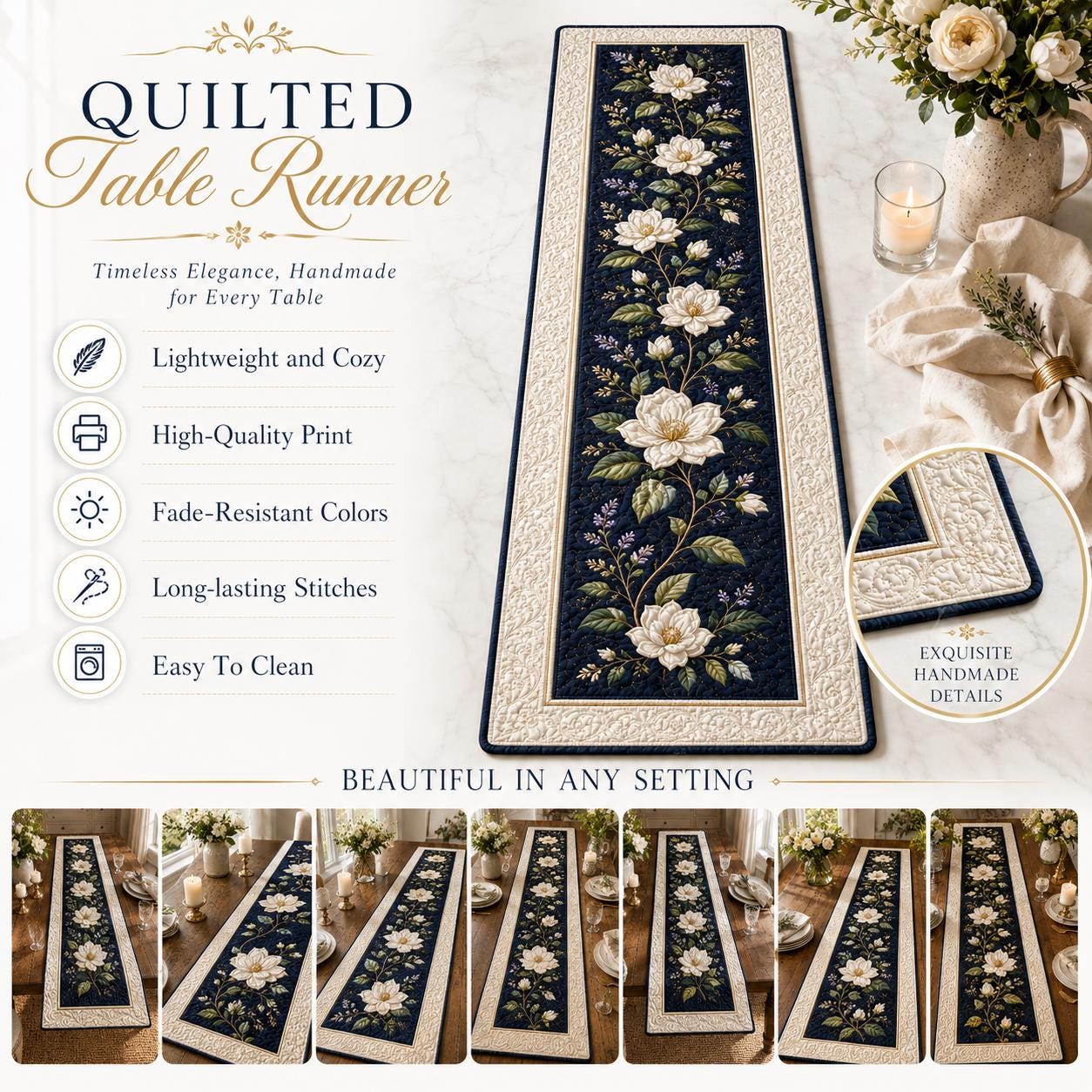 Table Runner for Dining Decor with Quilted Styleed White Magnolia and Navy Blue Botanical Design - photo 7