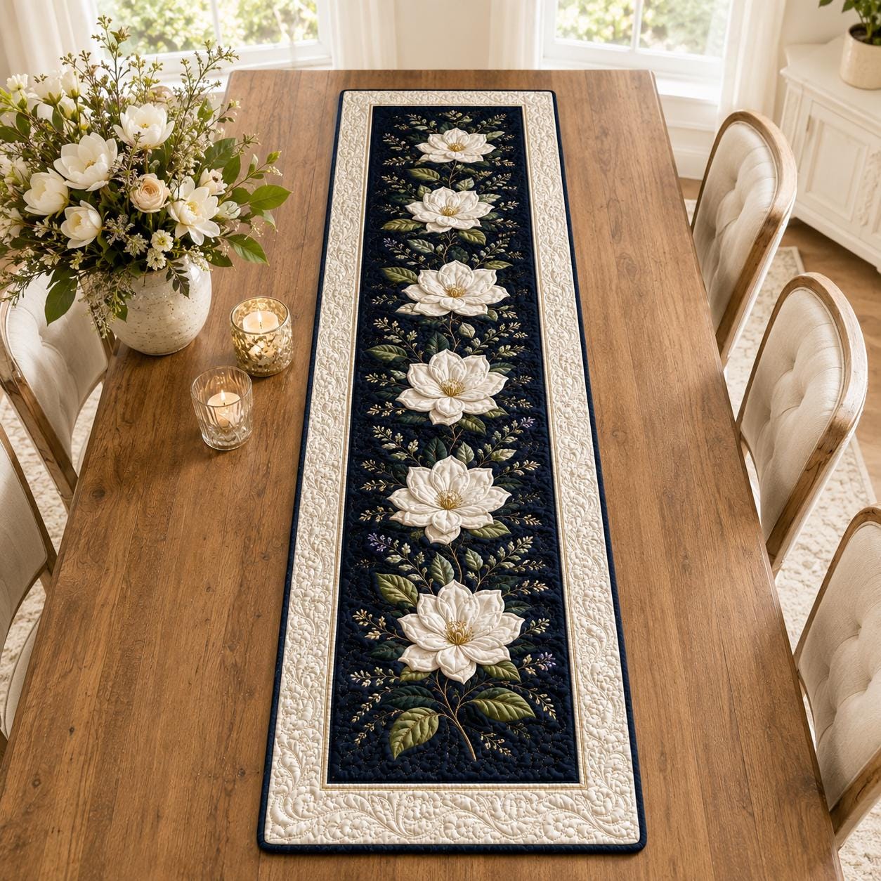Table Runner for Dining Decor with Quilted Styleed White Magnolia and Navy Blue Botanical Design - photo 8