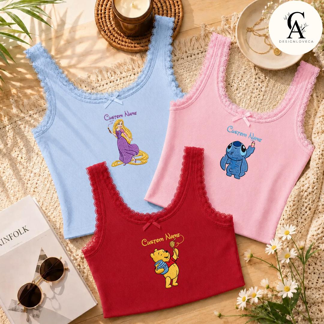 Personalized Embroidered Disney Trip Baby Tee Crop Tank With All Princess Characters – Walt Disney World Disneyland Lace Trim Tank Top