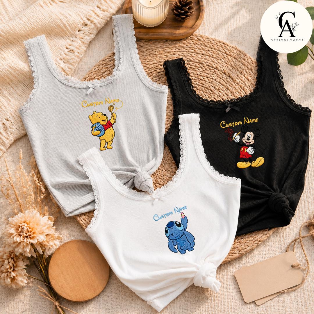 Personalized Embroidered Disney Trip Baby Tee Crop Tank With All Princess Characters – Walt Disney World Disneyland Lace Trim Tank Top - photo 4