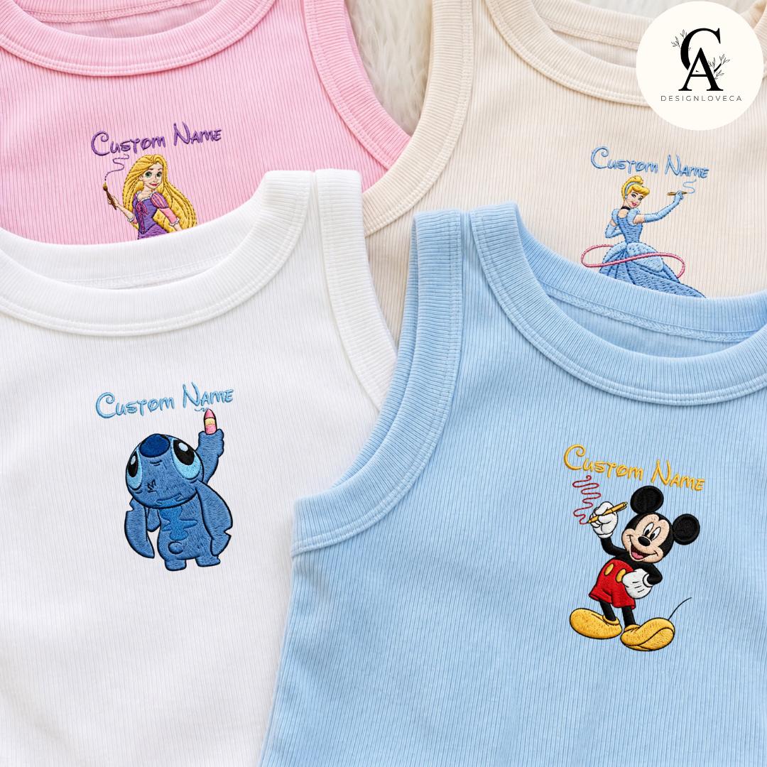 Personalized Embroidered Disney Trip Baby Tee Crop Tank With All Princess Characters – Walt Disney World Disneyland Lace Trim Tank Top - photo 7