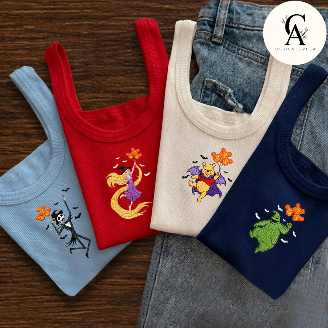 Embroidered All Characters Balloon Disney Halloween Baby Tee Crop Tank With Jack Skellington Pumpkin – Oogie Boogie Bash Lace Trim Tank